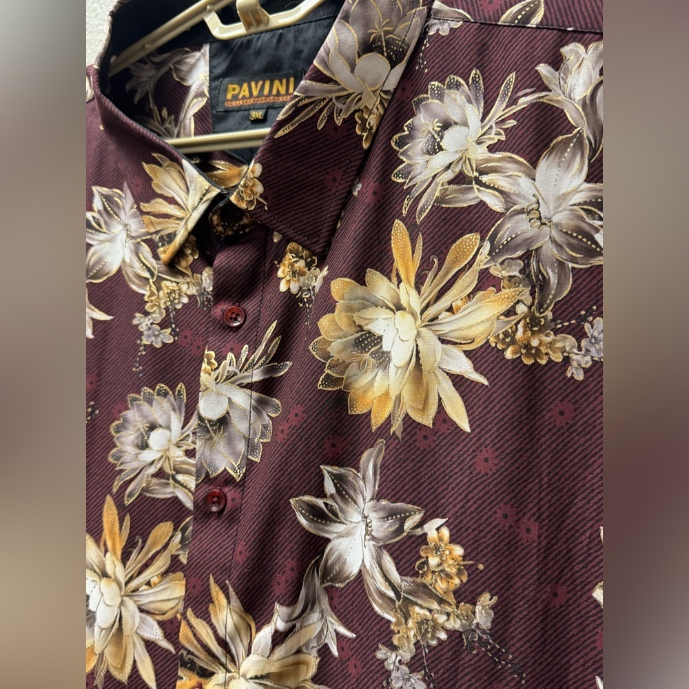 PAVINI Men’s gold lined Floral Burgundy Dress Shirt size 3XL - Picture 3 of 5